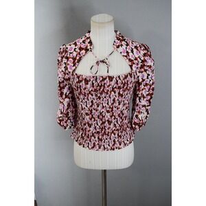 Maeve Anthropologie Smocked Square Neck Cutout Puff Sleeve Blouse Floral Medium